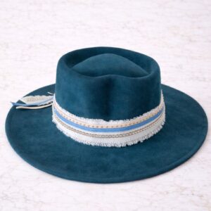Teal wide brim felt hat with blue ribbon and textured ivory band